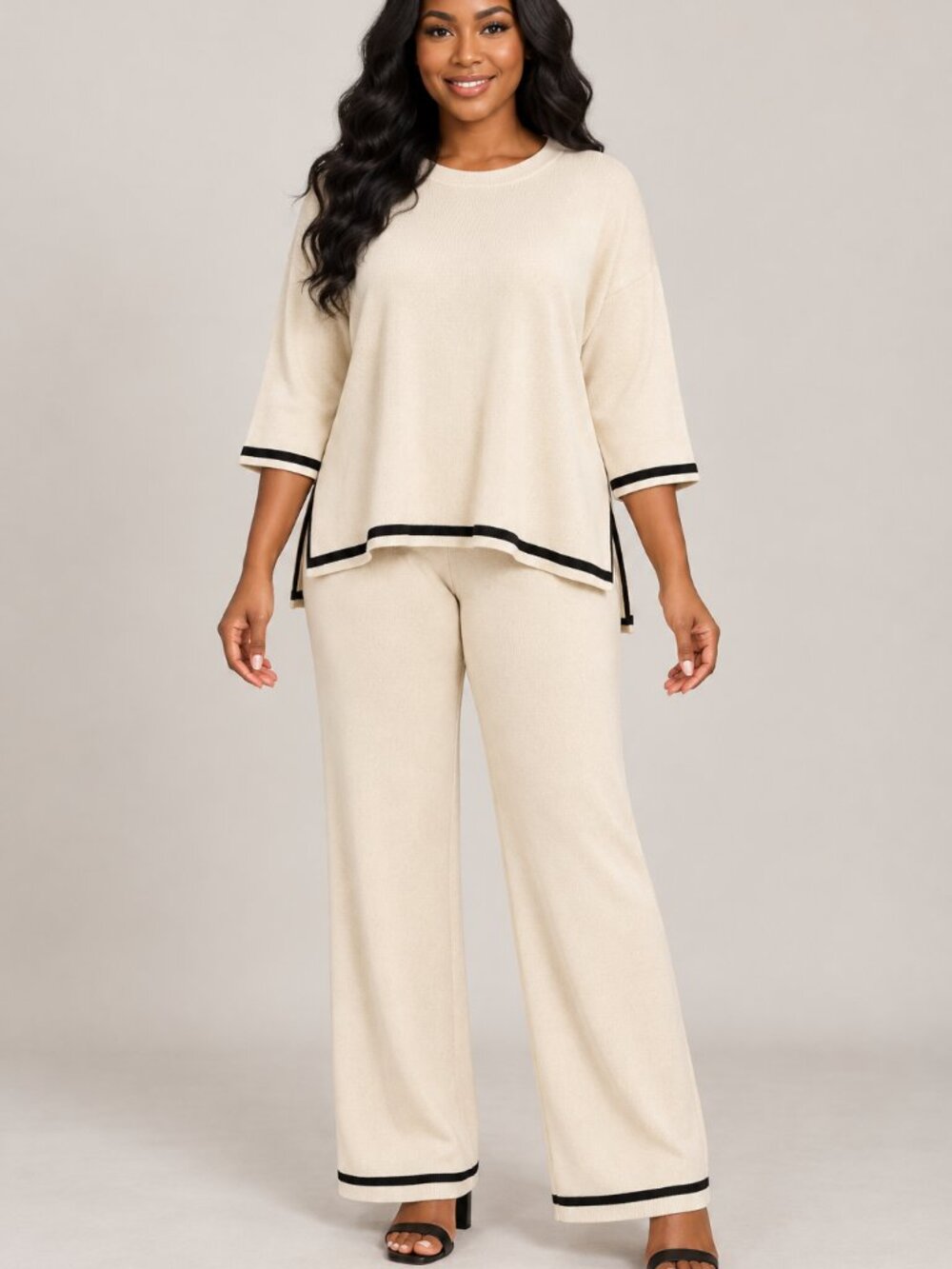 Beige Black Contrast Trim Knit Top & Pants Set XL XXL